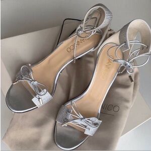 Giannico Silver Swarovski Crystal Studded Ankle Tie High Heel Sandals 8 1/2